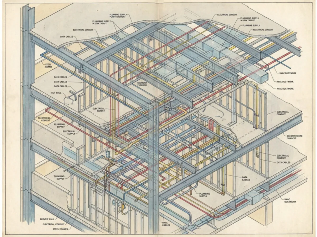 Commercial building infrastructure showing complex embedded utilities requiring GPR assessment