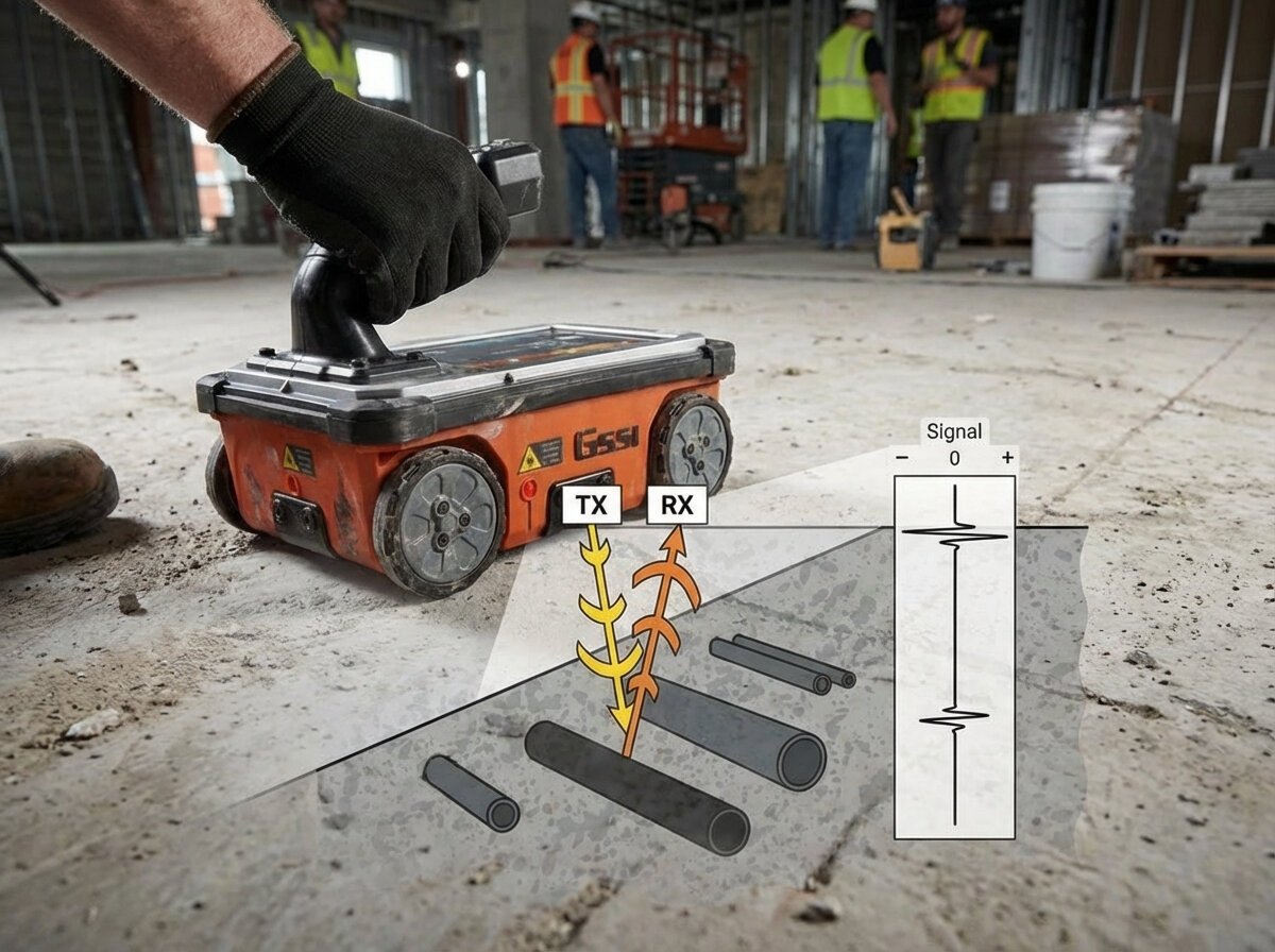 Technical diagram showing electromagnetic waves penetrating concrete and reflecting from embedded objects
