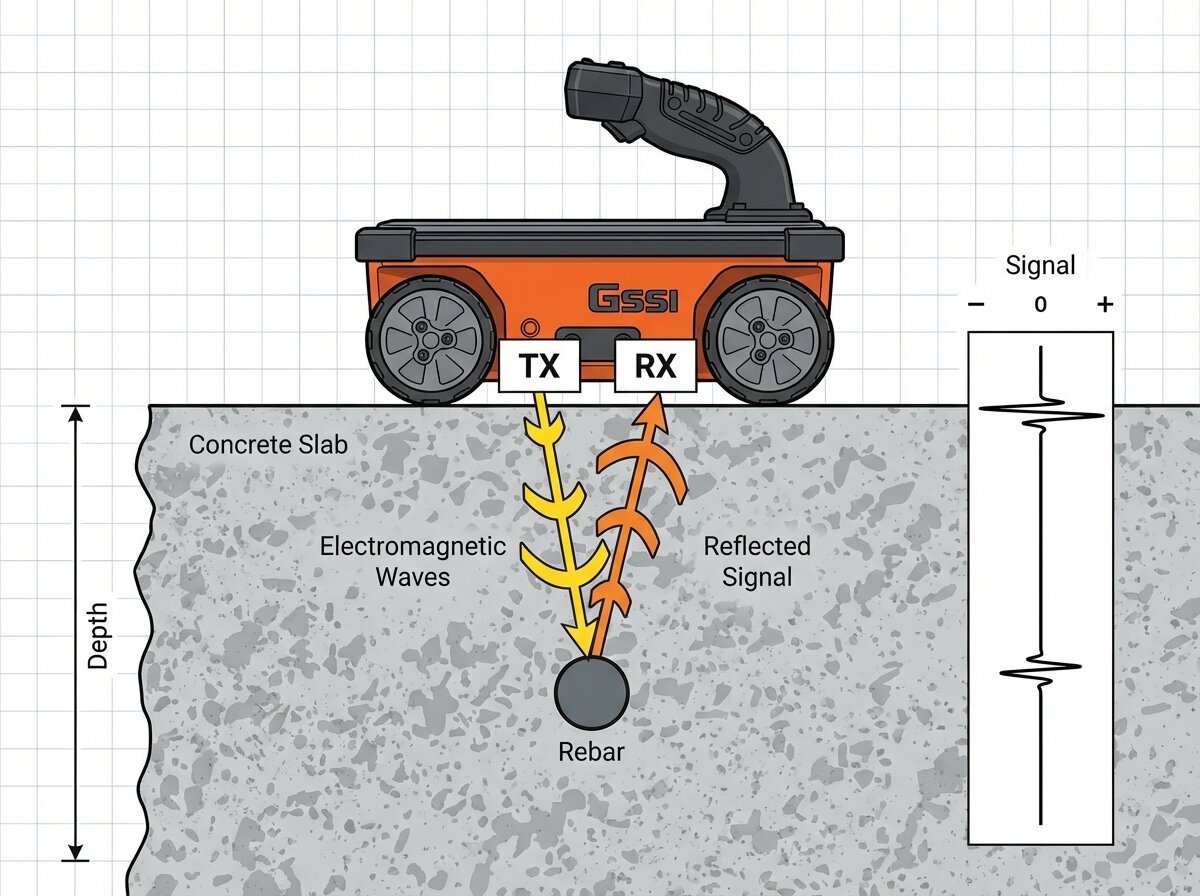 GPR electromagnetic waves penetrating concrete to detect rebar