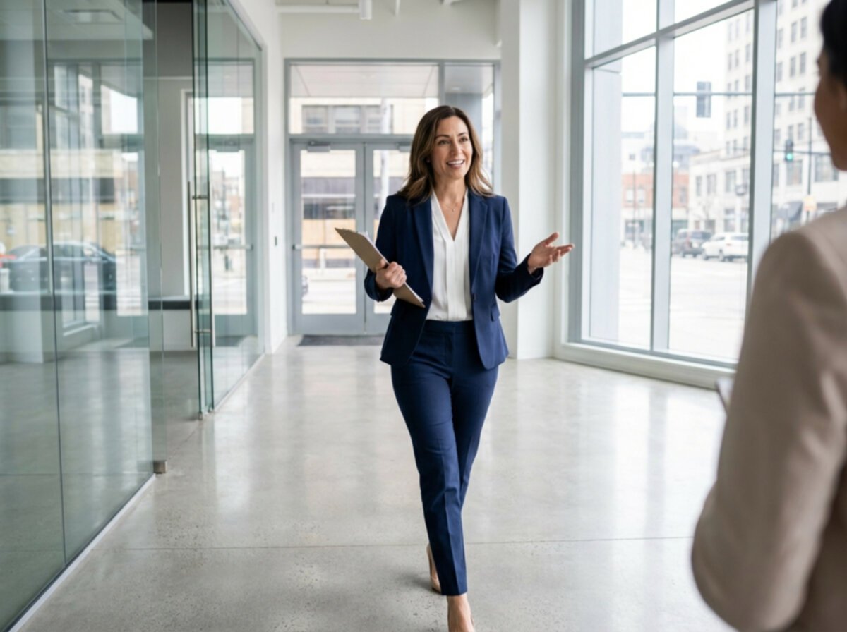 Professional property manager in modern commercial office building