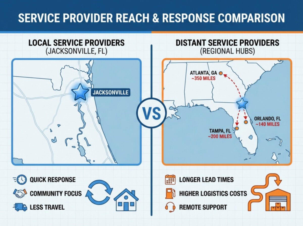 Comparison map showing local Jacksonville providers versus distant service providers from Tampa, Orlando, and Atlanta