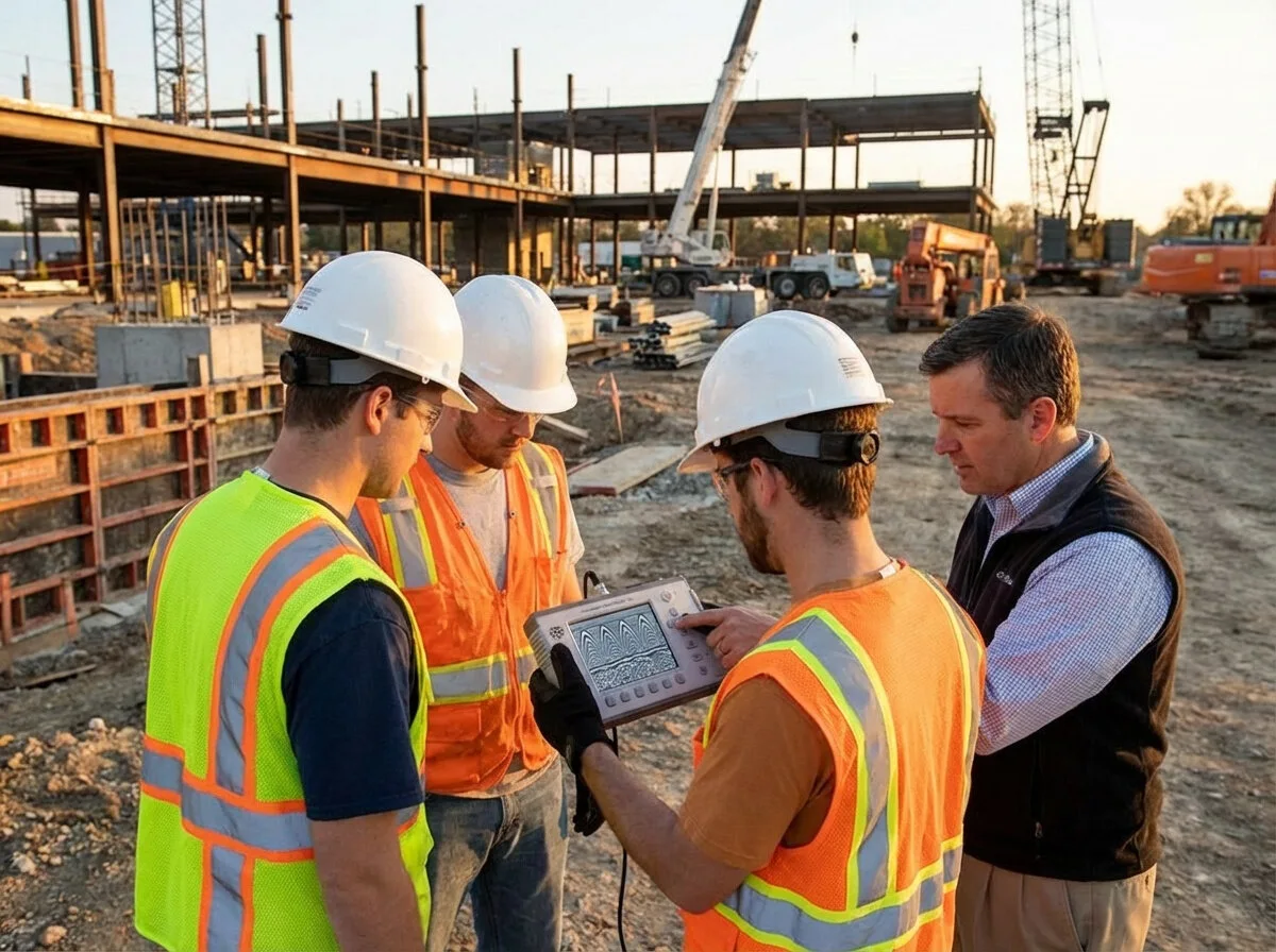 Construction trades reviewing GPR scan results together planning safe concrete work