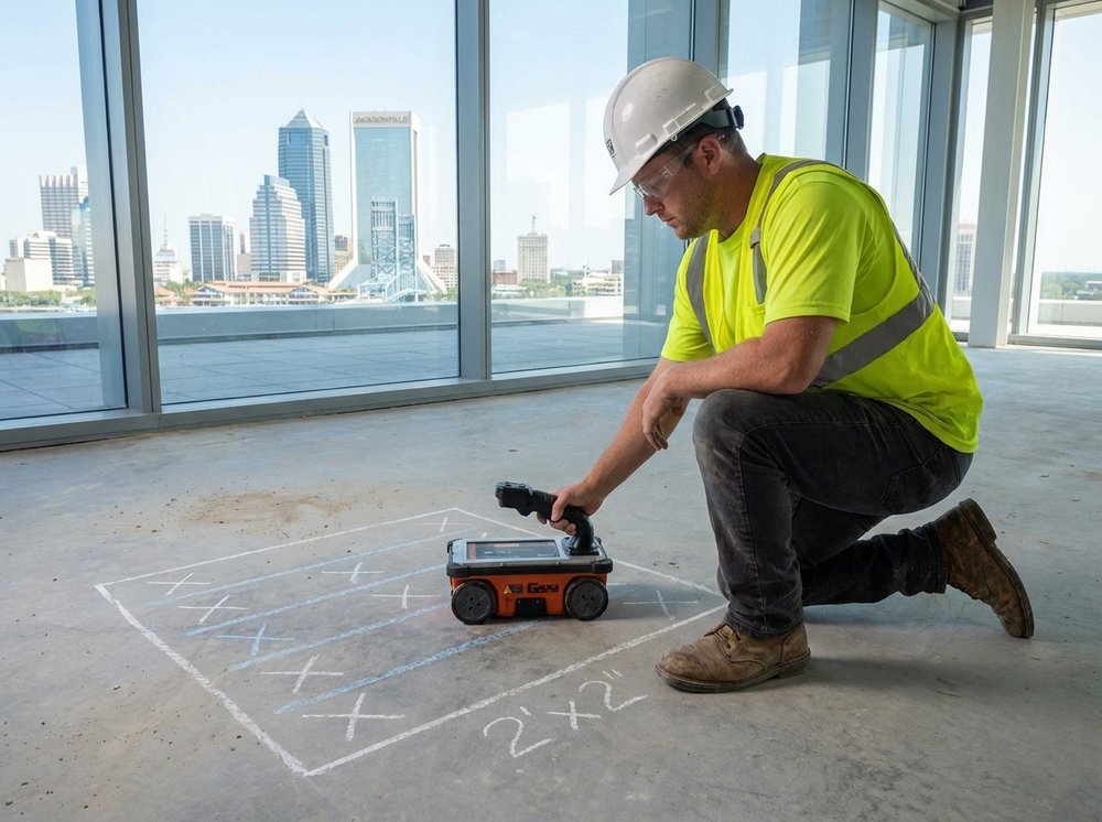 GPR technician scanning concrete in downtown Jacksonville office building with skyline view