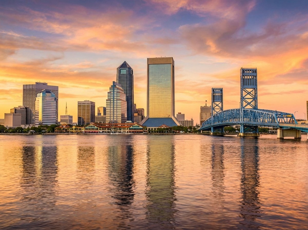 Downtown Jacksonville skyline at golden hour with Bank of America Tower and riverfront
