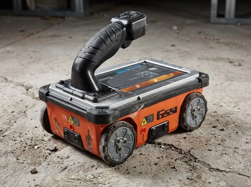 GSSI ground penetrating radar equipment closeup on concrete slab in Jacksonville