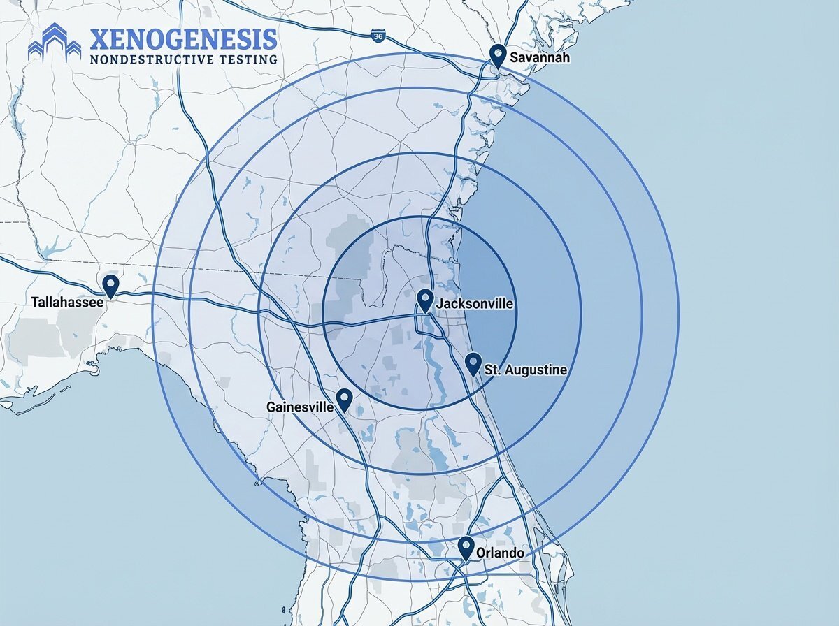 Xenogenesis RADAR Imaging service area map showing Jacksonville and Northeast Florida coverage