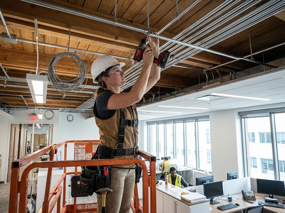 Office space construction showing utility coordination with concrete scanning