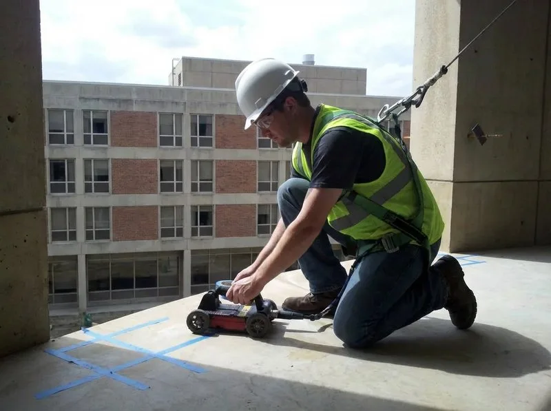Technician marking concrete surface after GPR scan showing safe drill locations